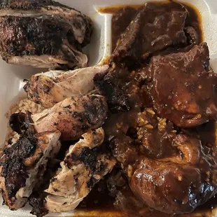 Chicken Combo: jerk and brown stew....should come with rice and peas and cabbage(but where's the cabbage)