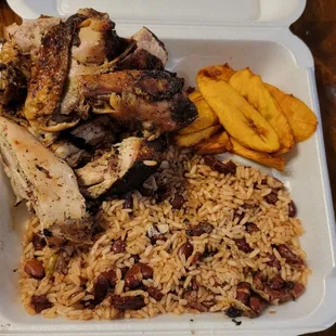 Jerk chicken dinner with rice &amp; peas and plantains