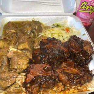 Jamaican Curry Goat/Oxtails with Rice &amp; Peas/Steamed Cabbage/ Pink Ting