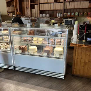 a display case full of baked goods
