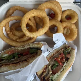 Eggplant Delight Sandwich and onion rings