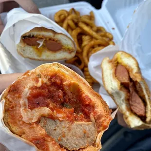 Italian Meatball Sandwich, Curly Fries, Hot Dog
