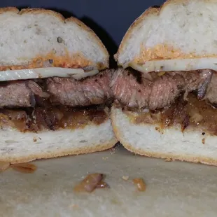 Steak sanwich new york strip cooked medium rare. PERFECTION