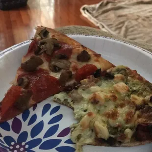 Chicken pesto and pepperoni, sausage, and mushroom pizza