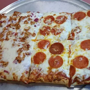 Half and half square: pepperoni and ranch bbq chicken