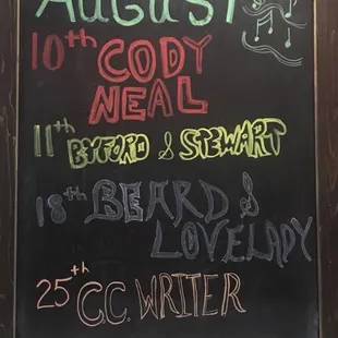 August Band line up. Current lineups are posted on their Facebook page too!