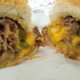 The cheese steak on requested garlic bread is delicious.