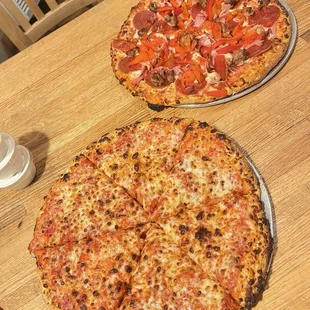 Small Cheese Build-A-Pizza and Small Meat Treat With Roasted Red Peppers, both traditional crust.