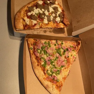 Pizza By The Slice with meatball, ricotta, &amp; jalapeños &amp; Pizza By The Slice Hawaiian with jalapeños