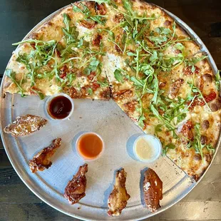 Fire roasted caprese pizza with wings