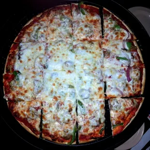 Chicago Style Thin Crust, Sausage, mushroom, onion, green pepper