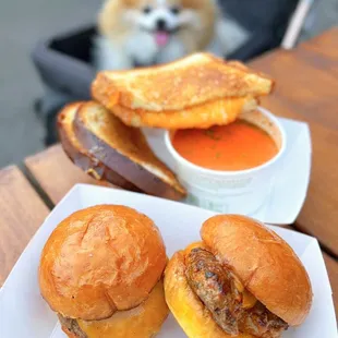 Cadillac Grilled Cheese w/ fig, sharp+white cheddar, truffle oil, side of bisque ($14) &amp; Mini Cut Wagyu Slider w/ cheese ($4.50 each)