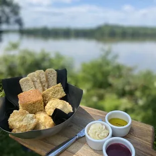 Bread sampler and view of the river in the background