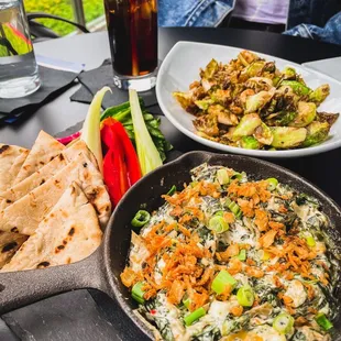 Spinach and Artichoke Dip and Brussel Sprouts