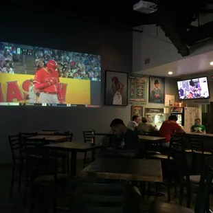 people sitting at tables in a sports bar