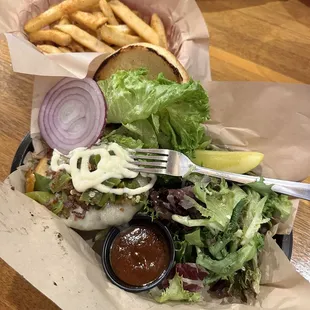 Hatch Chile Burger with fries and a salad