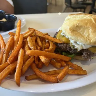 Green Chile Burger with sweet potato fries