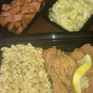 Catfish/cabbage/mac/yams