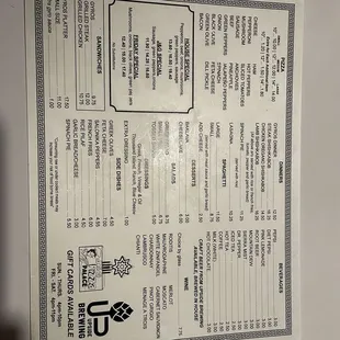 the menu for the brewery