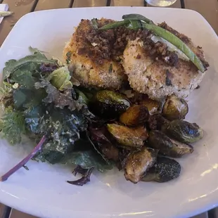 Crab cake with Mac and cheese, roasted Brussels sprouts