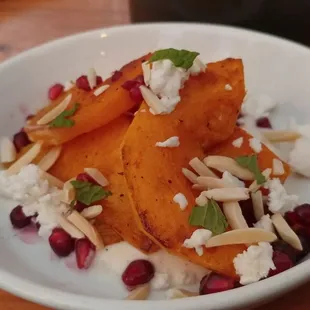 Squash with mint, almond, pomegranate, and goat cheese. Fresh-tasting and creative but could have used a bit more salt/spice in my opinion.