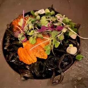 Squid ink pasta with uni