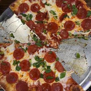 Large pepperoni and green pepper pizza.