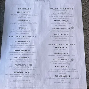 Specials, Burgers, Pitas, Toasts, Salads, and Bowls Menu