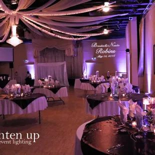 Beautiful purple uplighting at the Uptown Ballroom. Uplighting + Monogram by Brighten Up Event Lighting www.brightenuplighting.com