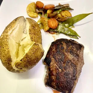 Burgundy pepper steak, with side of baked potato/veg