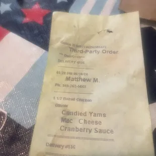My receipt for my order no cranberry sauce was given to me
