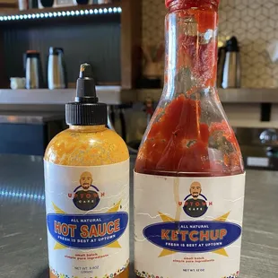 Homemade hot sauce and ketchup on every table top. So delicious!