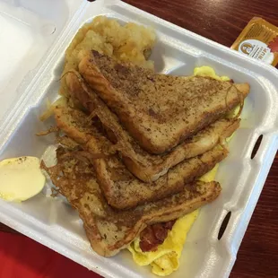 French toast, eggs, bacon, potatoes, &amp; coffee served hot and fresh for only $5 by the two sweetest asian ladies of all time.