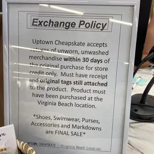 Exchange policy, return for store credit except shoes/accessories/sale
