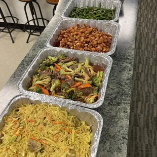 Singapore Rice Noodles, Broccoli Beef, Kung Pao Chicken, String Beans, and Rangoons