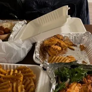This is the buffalo chicken salad and waffle fries  (Sorry for the bad photo. I figured something is better than nothing.)