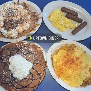 Apple Streusel Pancakes with ice cream on top, Chocolate Chip Cookie Dough Pancakes - Single Pancake, Spicy Cajun Benedict