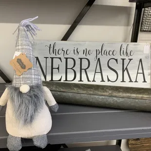 Locally made signs. And gnomes!