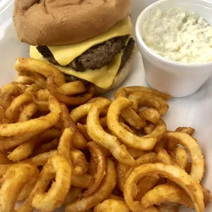 Double cheeseburger with curly fries