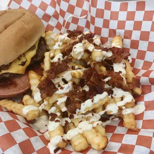 Bologna burger with bacon ranch fries