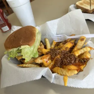 Double bacon cheeseburger with chili cheese fries