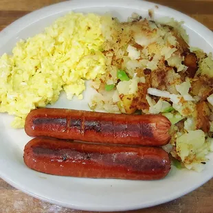 Beef Hot sausage, homefries with onions and green peppers, and scrambled eggs! Beef Mild sausages are yummy too!