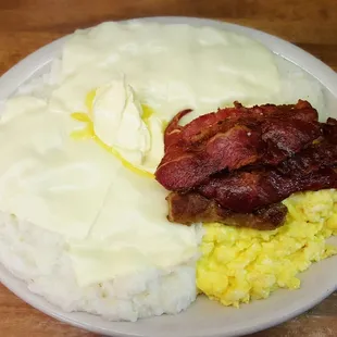 Extra Cheesy Grits! With Beef Bacon and Beef Sausage links with eggs. All sausages available in links or patties!