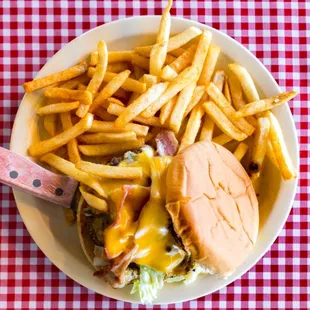 a cheeseburger and french fries