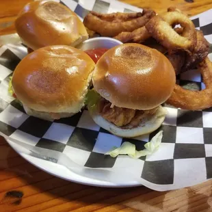 Chicken sliders and onion rings