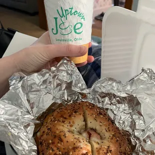 WOW delicious bagel sandwich and latte.