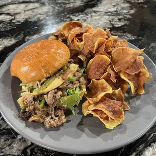 Spanish style Philly cheese steak sandwich.