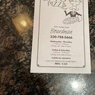 Front of menu