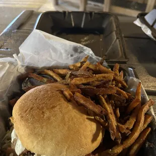GOAT Burger and Regular fries (charged for rosemary garlic fries)