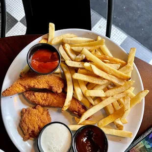 Chicken tenders and fries (i ate a few tenders before taking the photo)